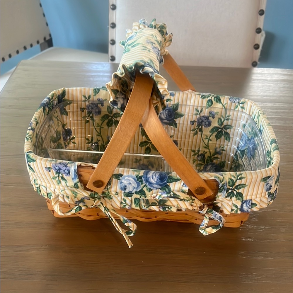 Longaberger Basket with Wooden Handle, Floral Liner, and Plastic Protector